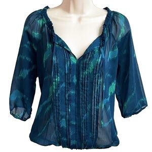NEW Express Sheer Crop Sleeve V Neck Pullover Blouse Top Blue Green Extra Small